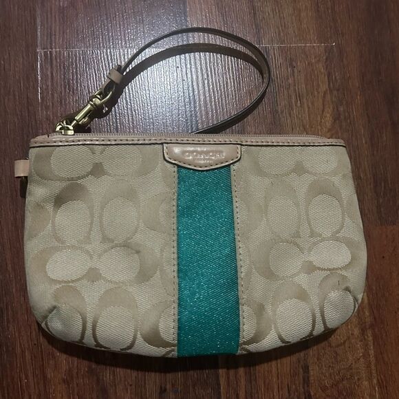 Coach Beige and Teal Wristlet - Picture 1 of 8